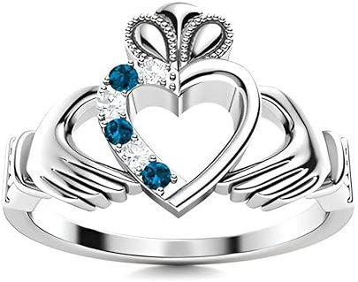 London Blue Topaz Round 2.00mm Claddagh Ring | Sterling Silver 925 With Rhodium Plated | Beautiful Design Claddagh Promise Ring (White, 52)