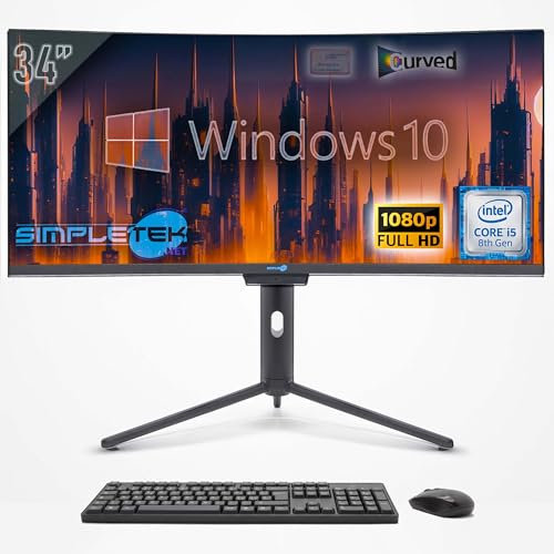 SIMPLETEK - PC All in One Curved 34 Wide | Core i5 8. Generation | Windows 10 Pro | RAM 8GB | SSD 120GB | Integrierte 2K Webcam | WiFi 6 und BT 5.2