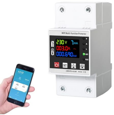 DEWIN Stromzähler Hutschiene WLAN, Tuya WiFi Intelligenter Wiedereinschaltschutz Schalter WiFi Stromzähler mit Überspannungsschutz/Unterspannungsschutz 63A AC 230V