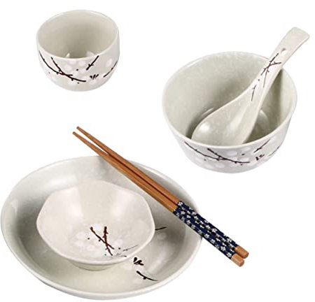 TOPBATHY Set Da Tavola Per Una Persona Giapponese in Ceramica Blu, Completo Di Ciotola, Piatto, Tazza, Cucchiaio e Bacchette Per Uso Quotidiano Domestico