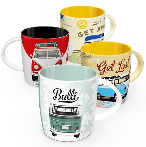 Nostalgic-Art Retro Kaffeebecher (4er-Set), 330 ml, VW Bulli Set 2 – Volkswagen Bus Geschenk-Idee, Original Lizenzprodukt (OLP), Keramik-Tasse für Kaffee, Vintage Design