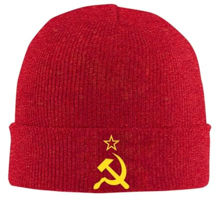 GONMFKM Strickmütze mit Alter Russischer Sowjetflagge Der UDSSR Gestrickte Beanie-Mütze mit Pentagramm-Symbol-Aufdruck Warme Beanie-Mütze Outdoor-Skullies-Mütze Zum Angeln Klettern Skifahren Rot