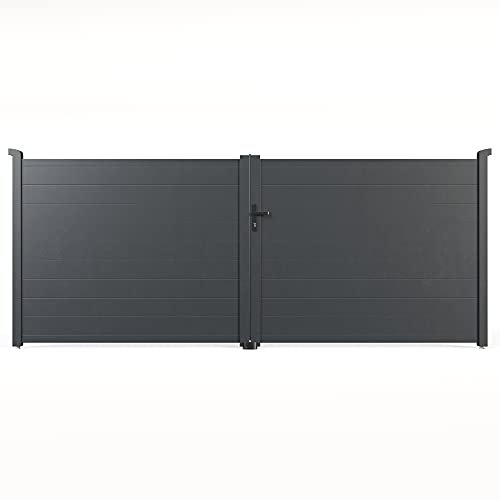 Aluminium Double Swing Garden Gate with Full Privacy Horizontal Solid Infill Powder Coated Finish 12.8x6ft Wide Metal Gate in Anthracite Grey Includes Fixings and Fittings
