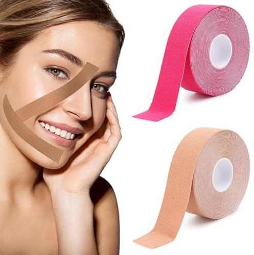 OHREN 2 Rouleaux de Ruban Lifting Visage, Bande Faciale Myofasciale Respirante avec Ciseaux, Multifonction pour Raffermissement et Tension de la Peau (2,5 cm x 5 m) (Rose)