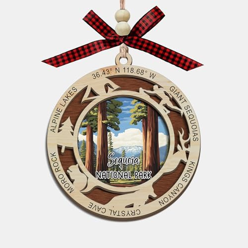 Sequoia National Park Christmas Ornament, 2 Layer Wood Laser Cut Design, Holiday Tree Decoration, Travel Souvenir Gift, Giant Sequoia & Mountain View Memory