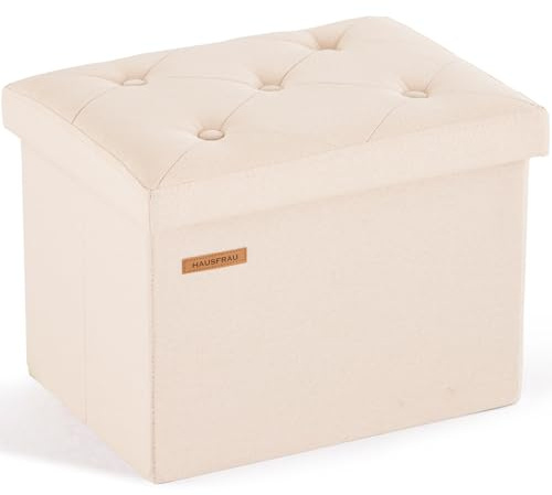 HAUSFRAU Sitzhocker mit Stauraum kleine Sitzbank Hocker klappbar Aufbewahrungsbox, bis 130 kg belastbar, Fußbank für Wohnzimmer Schlafzimmer Flur, 42x31x31 cm, Leinen Beige