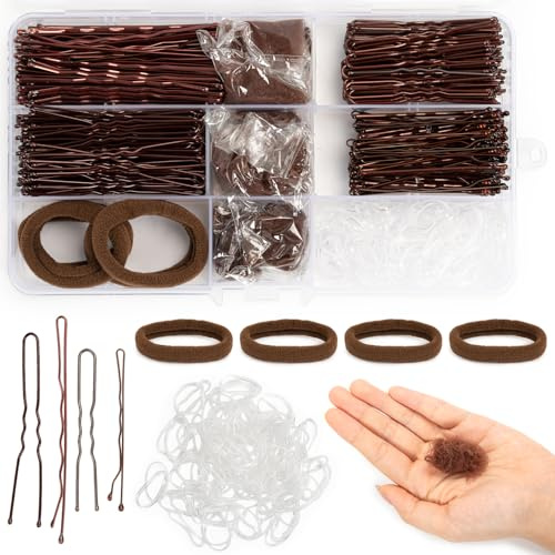 385 PCS Bobby Pins and Hair Pins Set, 150Pcs U Shaped Hair Pins, 125Pcs Bobby Hair Grips, 100 Pcs Clear Elastic Hair Bands, 6Pcs Bun Nets, 4 Pcs Scrunchies, with Box, Brown Bun Kit