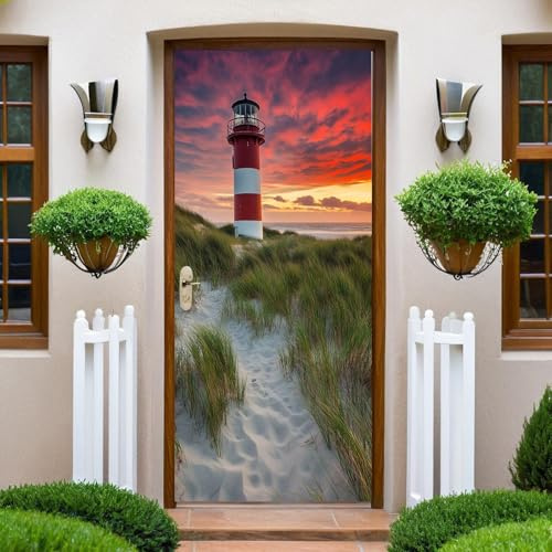 Rot Türtapete Selbstklebend Strand, Leuchtturm, grünes Gras 100 x 200 cm Türfolie PVC Türaufkleber Türposter Fototapete Türdeko Wohnzimmer Schlafzimmer Küche Toilette