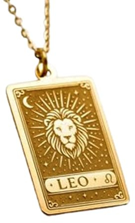 Collar con colgante del signo zodiacal Leo en relieve, hecho de plata de ley 925 con baño de oro, cadena de eslabones de 45 cm (18), dije rectangular para joyería unisex hecha a mano | LK_EMBO_00646