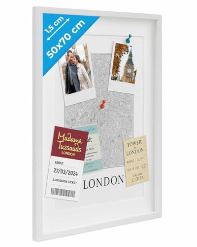 PHOTOLINI 3D Bilderrahmen zum Befüllen 50x70 Weiß groß, 1,5 cm tiefer Objektrahmen mit Glas, tiefer Bilderrahmen 50x70 Holz MDF mit Passepartout, Dicker 3D Rahmen befüllbar für Gegenstände Geschenk