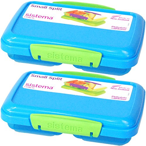 Sistema® Small Split Plastic Snack Fruit Breakfast Lunch Box Food Storage with Locking Clip Lid 350ml (Blue, 4)