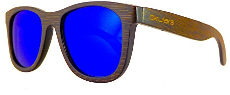 Okulars® Dark Bamboo - Sonnenbrille aus Holz für Damen & Herren, Handgefertigt - eine Größe - Polarisierte und Verspiegelte Gläser - UV400 Schutz - Cat.3 (Blau)