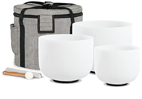 CVNC Set of 3 PCS 440HZ 6 A Note 8 F Note and 10 C Note Frosted Chakra Quartz Crystal Singing Bowl with Carry Case Bag for Sound Healing Meditation