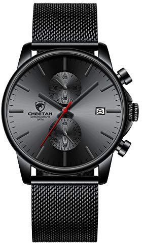 GOLDEN HOUR Montre à Quartz analogique Tendance et Minimaliste en Maille d'acier Inoxydable étanche chronographe pour Homme avec Date Automatique