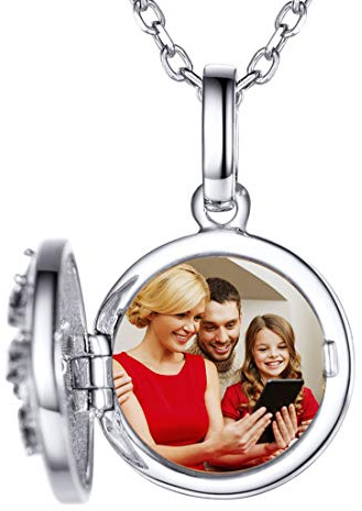 SILVERCUTE Damen Collier 925 Sterling Silber/18k vergoldet Foto Gravur Kette personalisiert Herz/Runde/Oval Medaillon Anhänger mit 1,5mm 45cm Rolokette einzigartiges Schmuck Geschenk für Mädchen