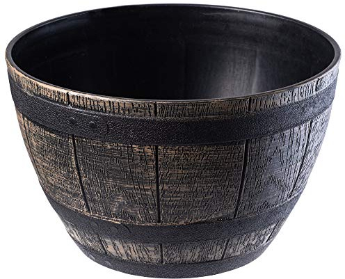 KADAX Pflanztopf im Holzfass-Design, ø 33 cm, ca. 13L, aus wetterfestem Kunststoff, für Garten, Terrasse & Balkon, dekorativer Blumentopf, Blumenkübel oder Übertopf, Dunkelbraun, Teich mit Wassereimer