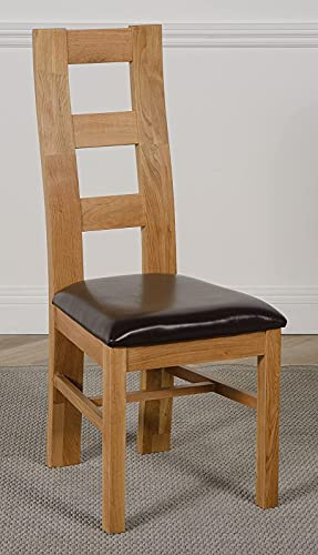 Oak Furniture King Yale Solid Oak Dining Chairs Set of 4 – Wooden Kitchen Chairs, Ladder Back Dining Room Chair with Upholstered Leather Seat, Fully Assembled, Natural Oak Finish, Brown