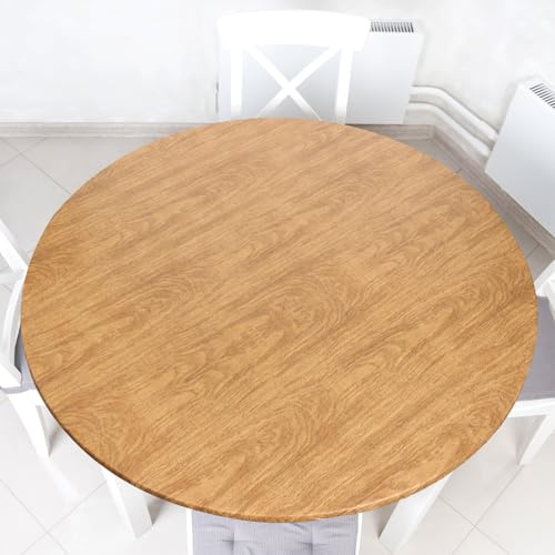 Wood Grain Round Tablecloth Elastic Edge Elastic Plastic Tablecloth Flannel Backing Tablecover Protector Waterproof Fitted Oilcloth for Large Round Fits Table up 40-44 Diameter