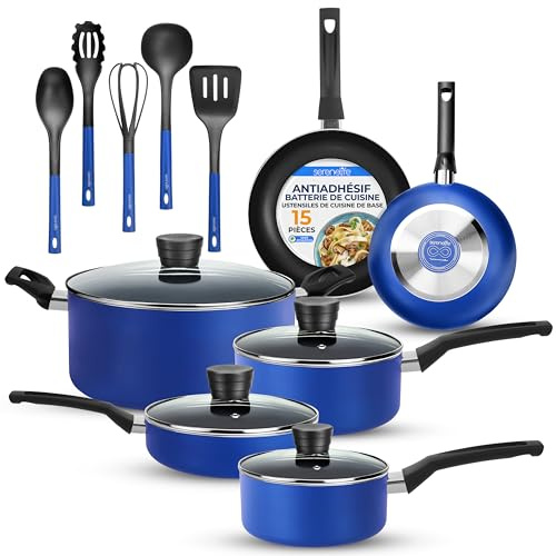 SereneLife 15 Delars Köksredskap Set Blå - Non-Stick Grytor och Stekpannor, Värmebeständiga med Lock, Tål Diskmaskin, Inkluderar Matchande Redskap