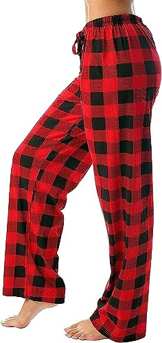 LUCKLY Women's Casual Pyjama Bottoms with Pockets and Drawstring Fitness Trousers Checked Pyjama Bottoms Soft Pyjama Bottoms Wide Leg Trousers Long Straight House Trousers