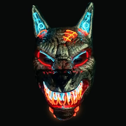 Original Cup Maschera LED Uomo Lupo | Plastica rigida | 3 modalità lampeggianti | Maschera LED di Halloween | Neon | 100% Orrore | 100% Divertimento