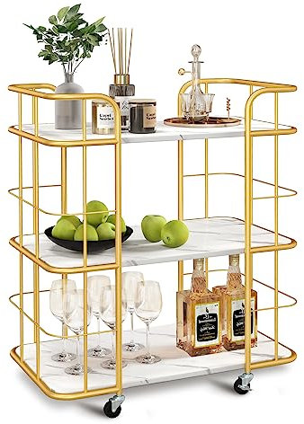 COSTWAY Küchenwagen mit Universalrädern, Servierwagen 3 Ablagen, Marmor Barwagen Modern, Mobiler Rollwagen, Haushaltswagen Metallrahmen, Mehrzweckwagen für Haus, Restaurant, Allzweckwagen Golden