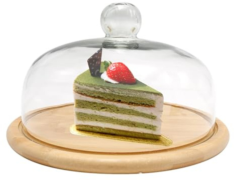 Hoypeyfiy 26cm Cake Stand with Glass Cheese Dome Lid, 12 inch Wood Cake Plate Cake Display Server Tray with cover for Kitchen, Birthday Parties, Weddings