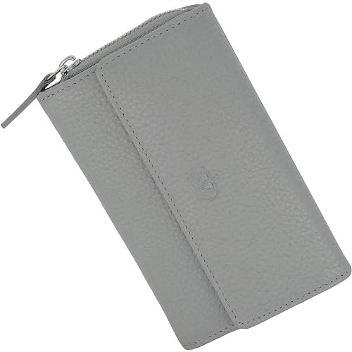 Baur Damen Geldbörse Echt Leder Geldtasche | Geldbeutel mit RFID Schutz | großes Portemonnaie viele Kartenfächer | Wallet mit Druckknopf & Reißverschluss Münzfach | Damen-Geldbörsen (Grau)