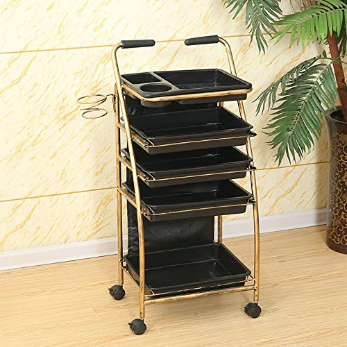 Friseurwagen Gold Retro Salon Lagerwagen mit 4-5 Schubladen Schwarz,mit Fönhalter Friseur Rollwagen Haare Spa Ablagefach Arbeitswagen Rollwagen Stapelboy 29X41X88CM