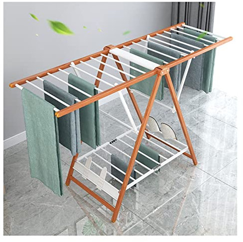 Wäscheständer Nordische moderne minimalistische Aluminiumlegierung 2-layer 2-layer-Kleidung Trocknungsregal, boden- bishohe faltbare, flügelförmige Holzkornkleidung Trockenstange Drying Rack/Clothes D