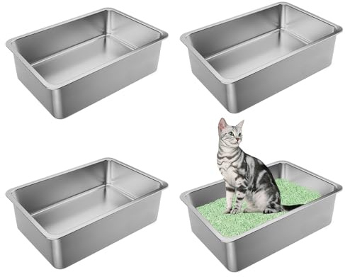 hannger Edelstahl Katzenklo, 4 Stück Katzenklo Groß, XXL Katzentoilette aus Edelstahl, Niemals Gerüche, Antihaft Glatte Oberfläche, Leicht zu Reinigen (60 x 40 x 15cm)