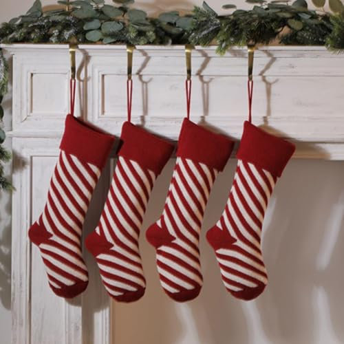 Hixingo Weihnachtsstrumpf Personalisiert 1/2/4/6er, 46cm Große Gestrickt Nikolausstrumpf, Streifen Rot Weihnachtssocken zum Aufhängen und Befüllen Kamin Weihnachtsbaum Deko (6 Stück,Rot)