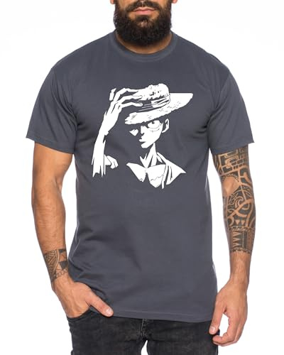 Ruffy Serious - Herren T-Shirt Straw Hat Luffy Zoro One Monkey D. Pirat Ace Piece Goku Anime Ruffy, Größe:XXL, Farbe:Dunkelgrau