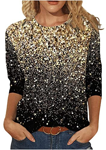 Pullover à Manches 3/4 pour Femme - Chemise à Paillettes - Glitzer - Col en O - Débardeur Batik - Dégradé de Couleurs - Sparkly - Col Rond - Blouse Élancée - Shiny - Basiques - Hauts à la Mode