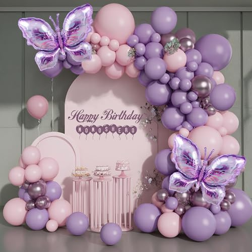 MOMOSHERO Butterfly Balloons Arch Garland Kit,Pink and Purple Balloons with Lavender Lilac Foil Butterfly for Girl's Birthday Baby Shower Wedding Mother's Day Valentines Party Decorations