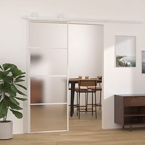 Gecheer Porta,Scorrevole,in Vetro ESG e Alluminio,Bianco e Glassato,76x205 cm,Set Porte Sorrevoli,Porta Scorrevole in Vetro e Alluminio