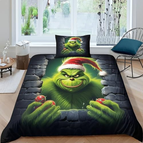 SAYOBO Weihnachten Grinch Bettbezug Set 3D Gedruckter Weihnachten Mädchen Junge Kinder Bettwäschegarnitur Bettwäsche Und Kissenbezüge Reissverschluss Weich Microfaser 2 Teilig Single（135x200cm）