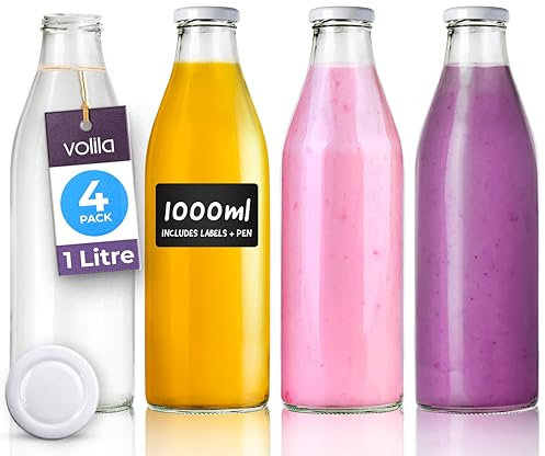 volila Glass Milk Bottles with Lids 1L - 4 Pack Reusable Milk Bottle for Beverages, Sauces, Storage Container and Decor - Leakproof Glass Bottles with Lids, Labels and Pen (White Lid)