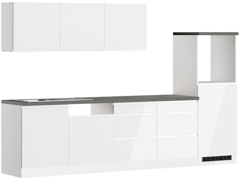 Lomadox Küche Küchenzeile 300 cm in Hochglanz weiß, Arbeitsplatte Betonoptik