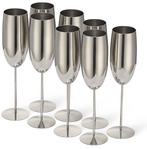 Oak & Steel - 8 elegante Edelstahl Silber Champagner Prosecco Gläser, 285ml - unzerbrechliches Glas Geschenkset für Hochzeit, Jahrestag, Geburtstag Party