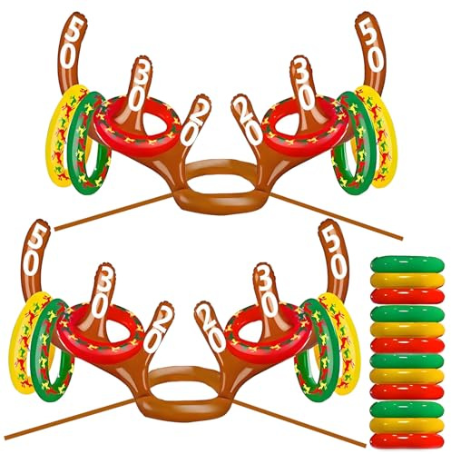 COSORO Noël Jeu de Lancer d'Anneaux Gonflable,Jeu Exterieur Enfant Adulte 2 Bois Caribou avec 12 Anneaux,Amusant Jeux Gonflable Piscine Intérieur Extérieur Jeux Familial pour Jardin Fête Noël