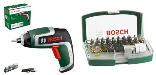 Bosch Home and Garden Compact Cordless Screwdriver IXO (7th Gen; Micro-USB Cable; Compatible with IXO-Collection Attachments) + 32pc. Screwdriver Bit Set (PH-, PZ-, Hex-, T-, TH-, S-Bit, Accessories)