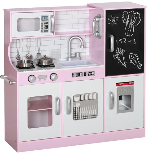 AIYAPLAY Cucina bambino giocattolo imitazione dinette bambino 3-8 anni con telefono, lavagna nera, forno a microonde, fornello, lavandino, accessori da cucina, rosa