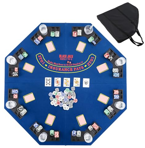 GYMAX 48-Inch Foldable Texas Hold'em Poker Table Top - 8-Player Professional Layout with Cup Holders & Chip Trays, Carrying Bag for Party Casino (Blue)