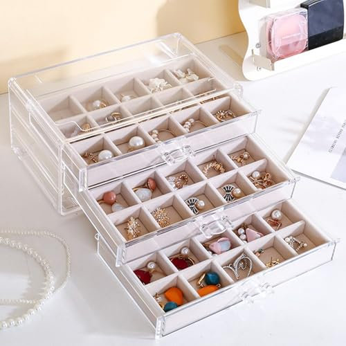 Jinavoty Scatola portaoggetti per orecchini, in acrilico, con 3 cassetti, 45 scomparti, vassoi in velluto, organizer per orecchini, per donne e ragazze (beige, 3 cassetti)
