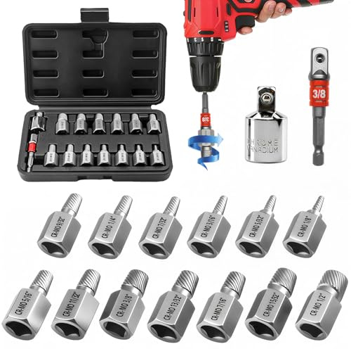 Greywolf 15 pcs Screw Extractor Set with 3/8 Inch Drive, Hex Head Multi-Spline Screw Easy Extraction Bolt Extractor Kit, Broken Bolt Extractor for Removing Broken, Rusted Bolts and Screws