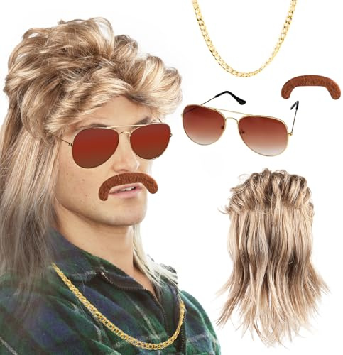 TNEDFOD Vokuhila Perücke Herren 4er Set, 80er 90er Jahre Outfit Accessoires Herren, Männer Blonde Vokuhila Karneval Fasching Perücke Faschingskostüme Halloween Party Kostüme Disco Party Kleidung
