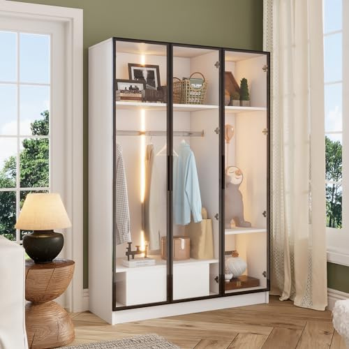 Wiuzo Geräumiger weißer Kleiderschrank mit 3 Glastüren,1 Schublade und 1 Kleiderstange,mit LED-Licht,110X50X160cm
