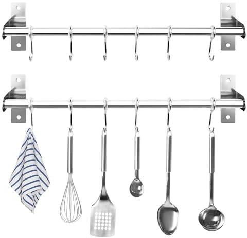Aramanara 2 Pcs 40 cm Stainless Steel Kitchen Utensil Hanging Rack | Wall Mounted Pan Rack, Metal Kitchen Utensil Rail with 6 Movable Hooks, Utensil Holder for Pot Pan Lid Spoons Towels