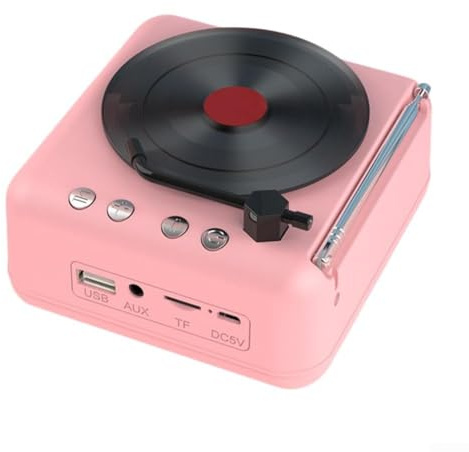 JoyousMall Reproductor de Discos con Altavoz Tocadiscos Mini Reproductor de Vinilo, Radio Estéreo Inalámbrica Retro Multifuncional Compatible con Bluetooth (Rosa)